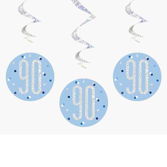 Happy 90th Birthday Blue & Silver Glitz Hanging Swirls Decorations