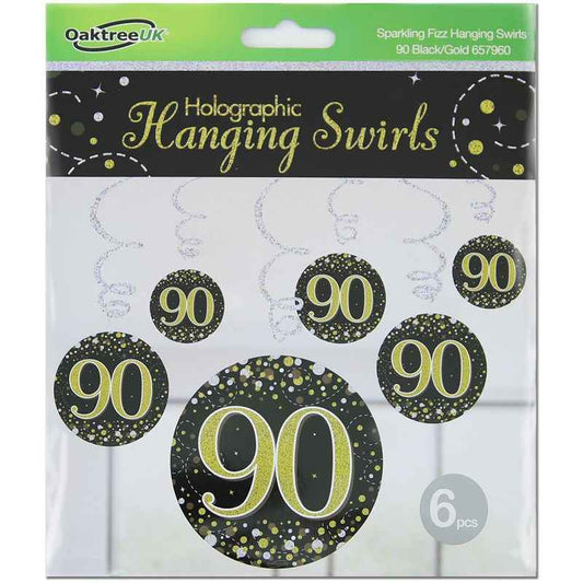 Happy 90th Birthday Holographic Black Hanging Swirls 6pcs