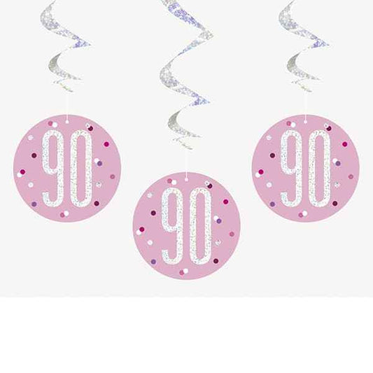 Happy 90th Birthday Pink & Silver Glitz Hanging Swirls Decorations