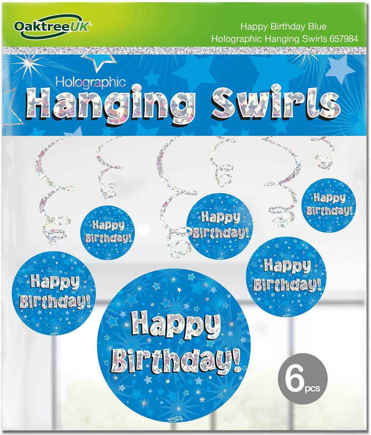 Happy Birthday Holographic Blue Hanging Swirls 6pcs