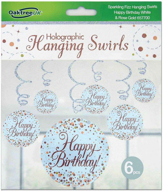 Happy Birthday Holographic Rose Gold Hanging Swirls 6pcs