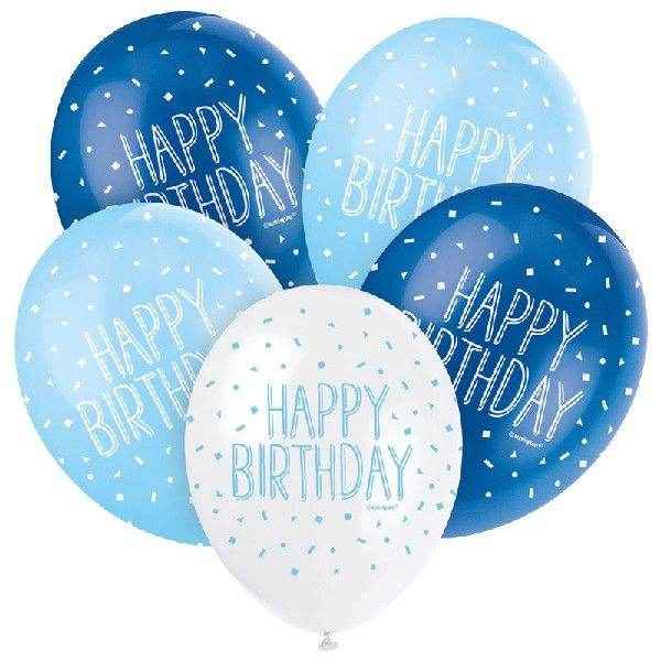 Happy Birthday Light Blue & Dark Blue Latex & White Balloons