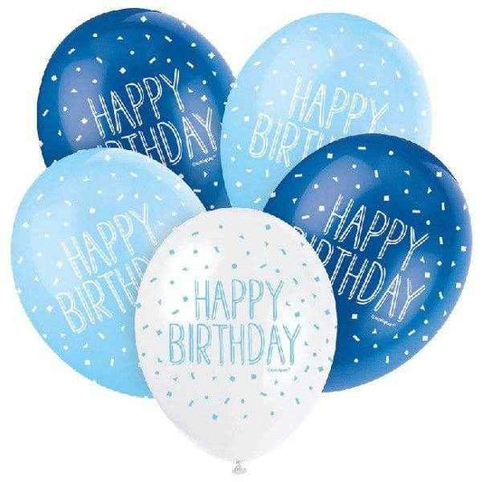 Happy Birthday Light Blue & Dark Blue Latex & White Balloons