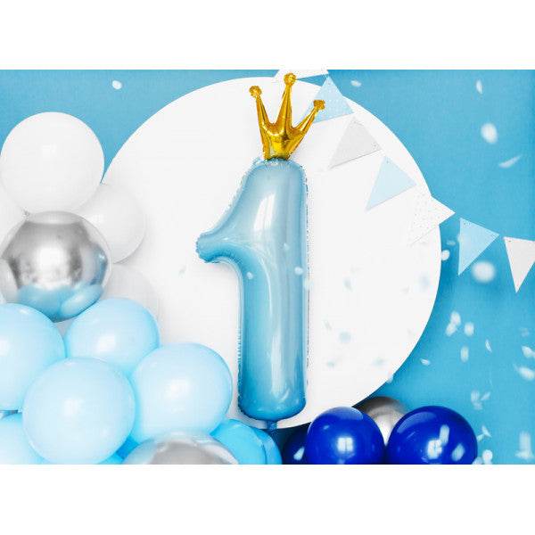 Pastel Blue Age 1 Number Foil Balloon with Crown - Eternity Party Express