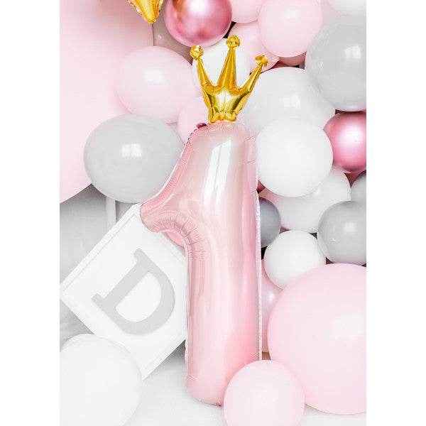 Pastel Pink Age 1 Number Foil Balloon with Crown