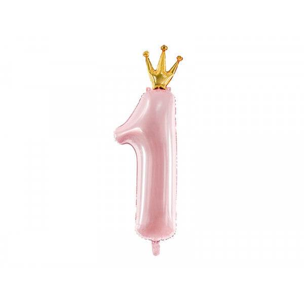 Pastel Pink Age 1 Number Foil Balloon with Crown