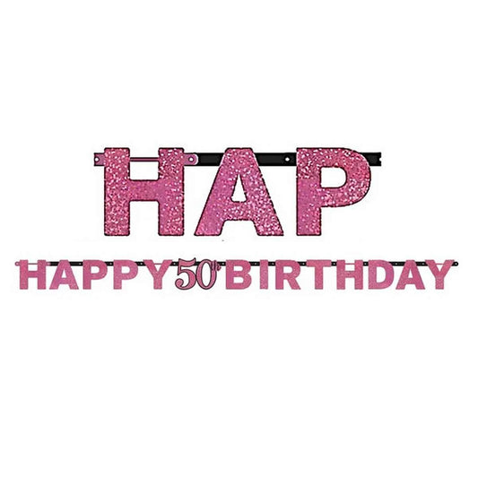 Pink Celebration Happy 50th Birthday Prismatic Letter Banner