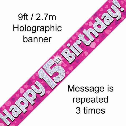 Pink Holographic 15th Birthday Banner