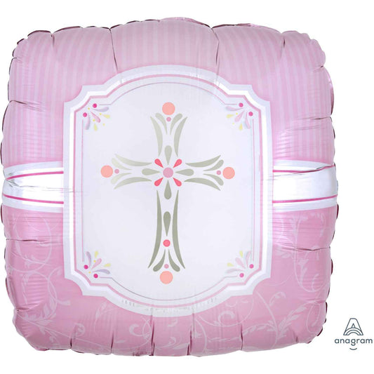Pink Square Cross Religios Foil Balloon