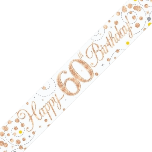 Sparkling Fizz 60th Birthday White & Rose Gold Holographic Banner
