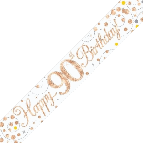 Sparkling Fizz 90th Birthday White & Rose Gold Holographic Banner