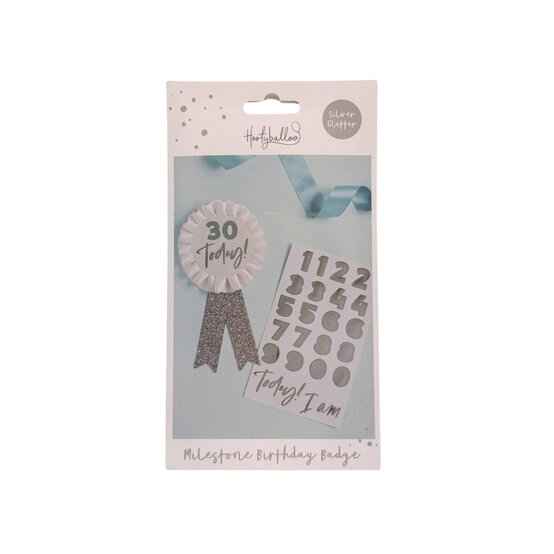 Silver Glitter Milestone Birthday Badge for Stylish Celebrations