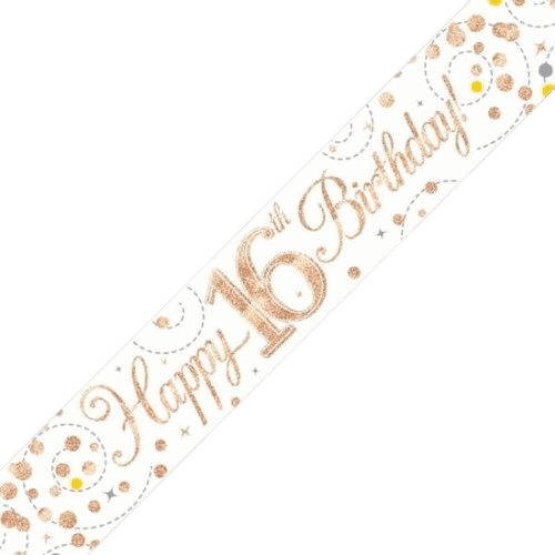 Sparkling Fizz 16th Birthday White & Rose Gold Holographic Banner