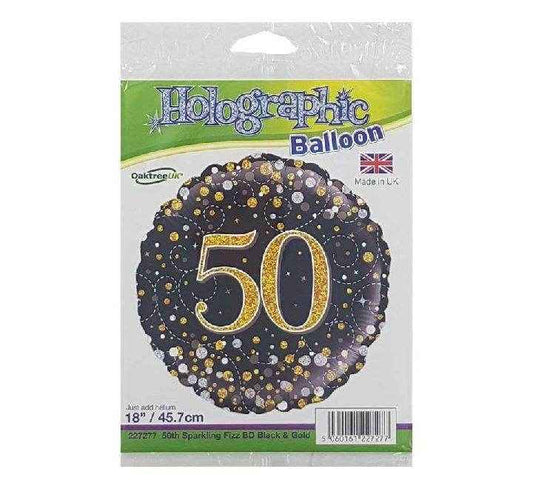 Sparkling Fizz 50th Birthday / Anniversary Black & Gold Holographic Foil Balloon