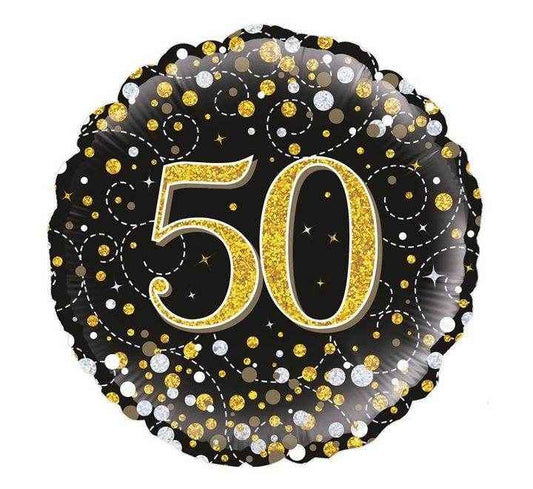 Sparkling Fizz 50th Birthday / Anniversary Black & Gold Holographic Foil Balloon