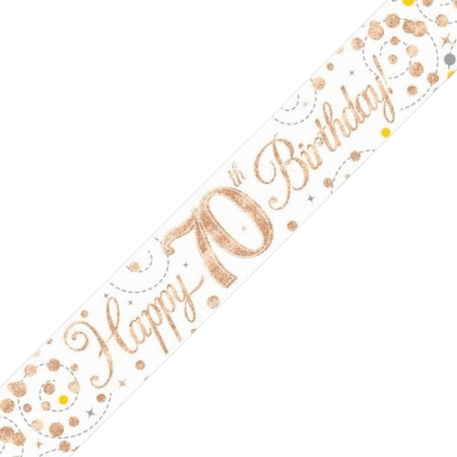 Sparkling Fizz 70th Birthday White & Rose Gold Holographic Banner