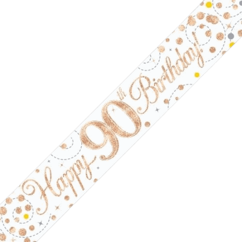 Sparkling Fizz 90th Birthday White & Rose Gold Holographic Banner