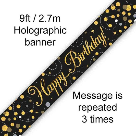 Sparkling Fizz Happy Birthday Black & Gold Holographic Birthday Banner